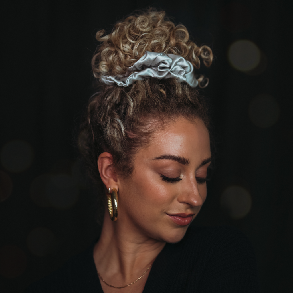 Silver large scrunchie for thick curly hair curlfriend collective