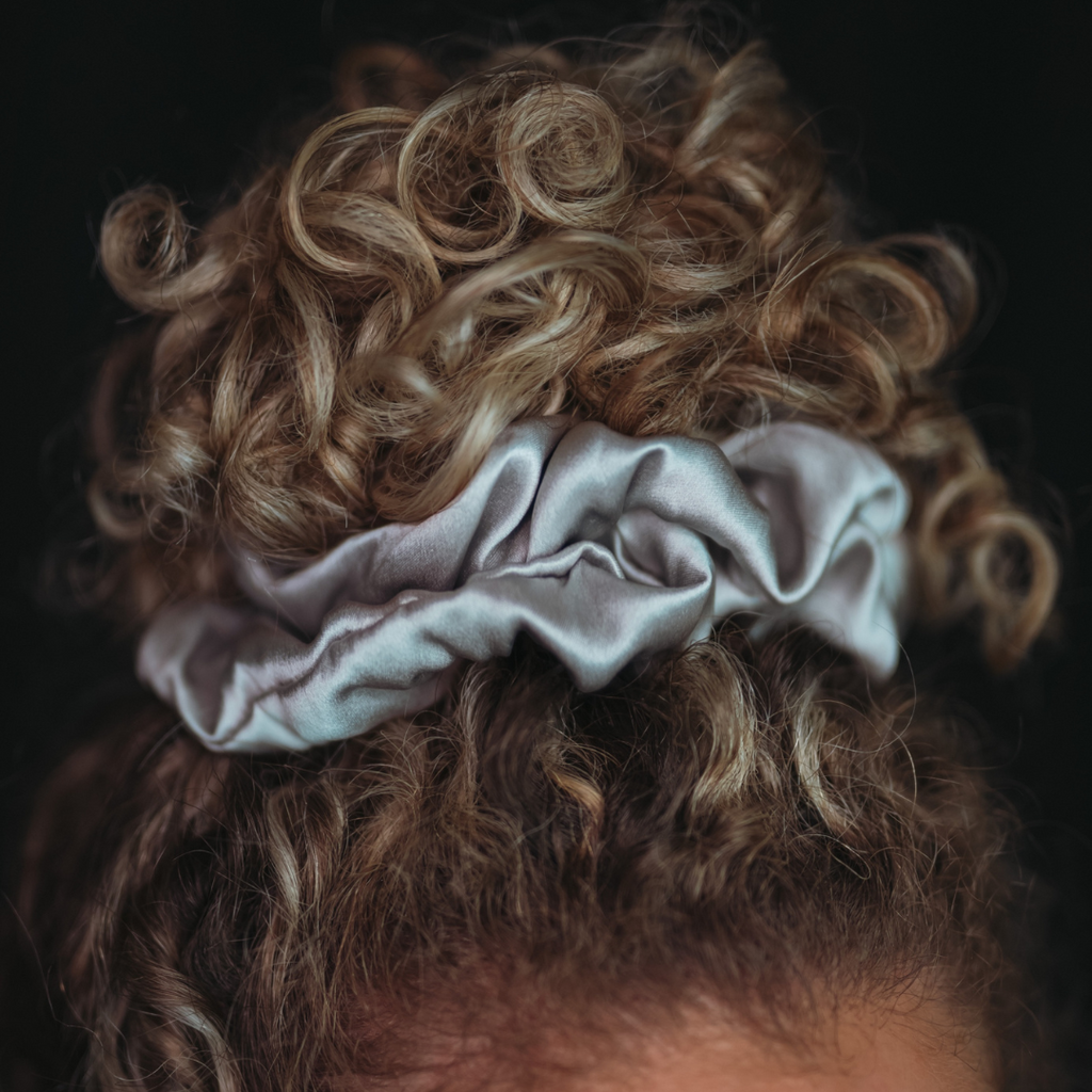 Silver large scrunchie for thick curly hair curlfriend collective